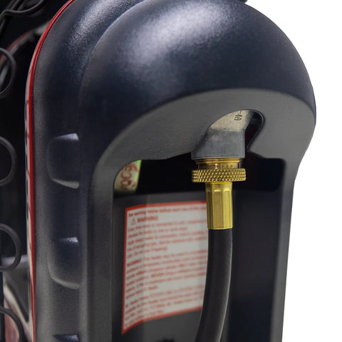 Close-up of brass fitting on Five Foot Propane Hose Assembly for Disposable Cylinders to 20 Pound Tank, 9000 BTU, hand tighten swivel