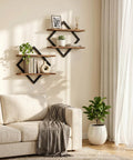 Top Shelf Two Tier Floating Wall Shelves Set Of Two With Sleek Diamond Iron Frame Rustic Brown Metal Decor for living room, displaying plants and decor.