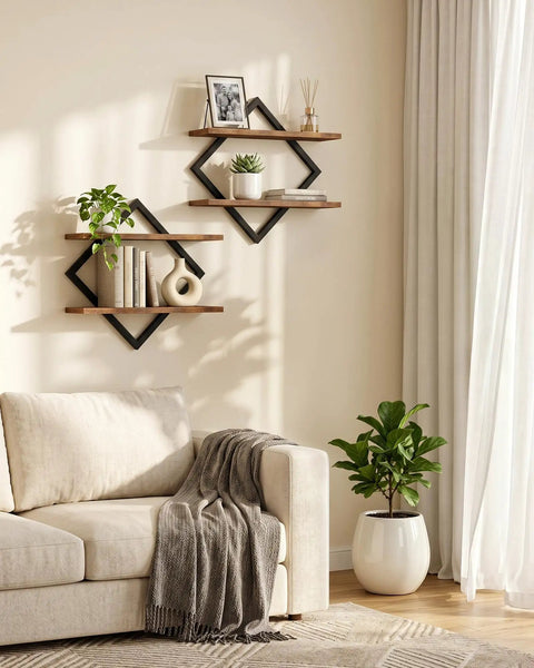 Top Shelf Two Tier Floating Wall Shelves Set Of Two With Sleek Diamond Iron Frame Rustic Brown Metal Decor for living room, displaying plants and decor.