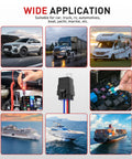 Image showing applications of Five Pack Four Pin Forty And Thirty Amp 12V DC Waterproof Relays in automotive and marine environments.