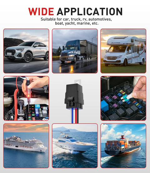 Image showing applications of Five Pack Four Pin Forty And Thirty Amp 12V DC Waterproof Relays in automotive and marine environments.