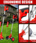 Powerful Cordless Weed Wacker 21V 2Ah Battery Powered Trimmer Edger Mower 3 In 1 showing ergonomic design features and blade types
