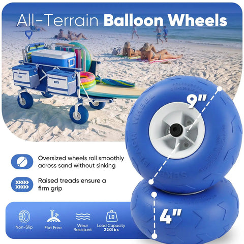 Heavy Duty Beach Wagon With 9 Inch Sand Proof Wheels And 300L Capacity Foldable Cart With cooler on sandy beach