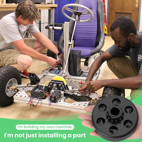 Two men assembling go-kart engine with Heavy Duty 12 Tooth Centrifugal Clutch Kit With Three Quarter Inch Bore For Go Kart And Mini Bike