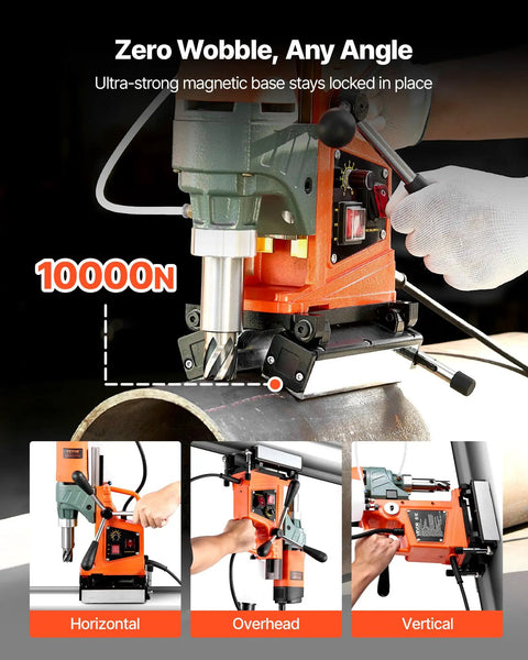 Magnetic Drill Press 1400W with 2 inch boring diameter and 0 to 750 RPM speed, showing secure mounting on a metal surface.