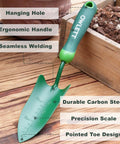 Go To Measuring Garden Trowel With Ergonomic Soft Grip Handle next to plant box showcasing rustproof and durable design.