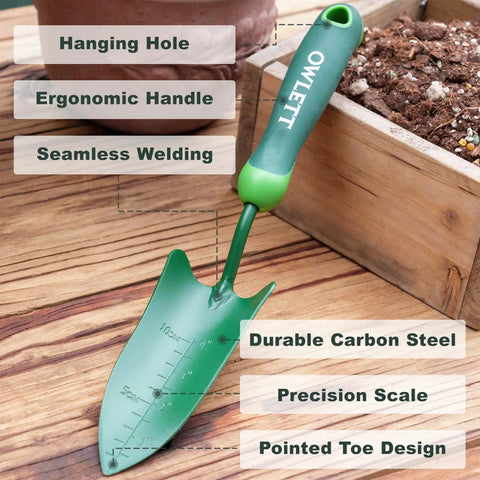Go To Measuring Garden Trowel With Ergonomic Soft Grip Handle next to plant box showcasing rustproof and durable design.