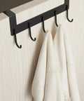 Over The Door Towel Rack With 5 Heavy Duty Aluminum Hooks For Towels Coats Robes Bags Hats Space Saving Door Hanger Matte Black Finish Durable Easy Install on wooden door with two white towels hanging