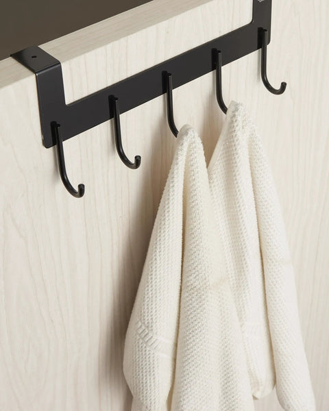 Over The Door Towel Rack With 5 Heavy Duty Aluminum Hooks For Towels Coats Robes Bags Hats Space Saving Door Hanger Matte Black Finish Durable Easy Install on wooden door with two white towels hanging