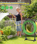Heavy Duty Metal Freestanding Hose Holder That Holds Two 150 Ft Hoses Rustproof Garden Hose Storage in yard scene