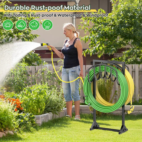 Heavy Duty Metal Freestanding Hose Holder That Holds Two 150 Ft Hoses Rustproof Garden Hose Storage in yard scene