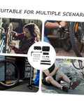 Cyclists using tools for bike maintenance and repair with a focus on various gear and accessories for multiple scenarios.