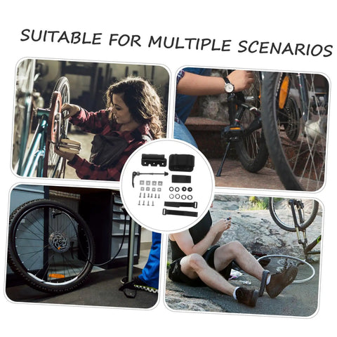 Cyclists using tools for bike maintenance and repair with a focus on various gear and accessories for multiple scenarios.