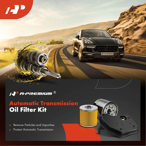 Automatic Transmission Fluid Filter With Pan Gasket For Ford And Lincoln displayed with car on highway