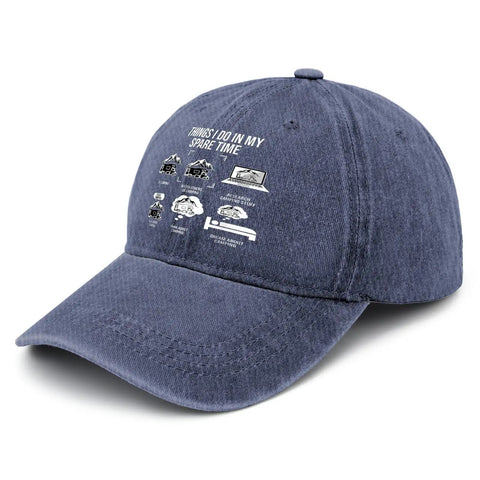Funny Things I Do In Spare Time RV Camper Hat For Men Navy Washed Distressed Chill Outdoor Cap shown from the side angle