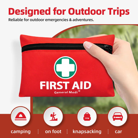 Front view of red General Medi mini first aid kit pouch with zipper and white cross logo