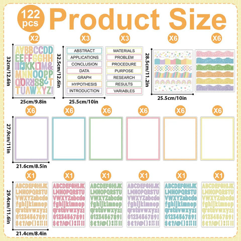 Product size chart for Totally All In One Science Fair Board Kit With 72 Glitter Candy Borders 36 Pastel Subtitles 122 pieces