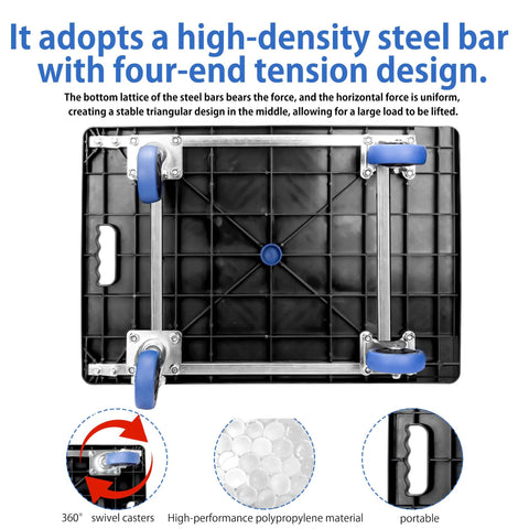 Bottom view of a Foldable Push Cart Dolly With 360 Degree Swivel Silent Wheel Durable Reinforced Steel Construction For Luggage