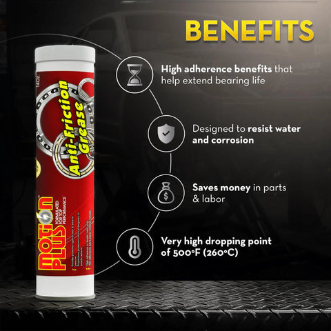 White Lithium Complex NLGI 2 High Temp EP Multi Purpose Grease 14 Oz Tube with packaging and benefits listed on black background.