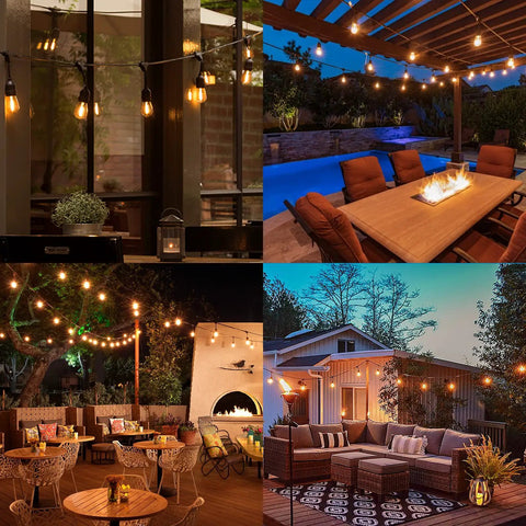 96 Ft LED Outdoor String Lights With Shatterproof S14 Bulbs Waterproof Patio Lighting creating cozy vibe in various backyard settings