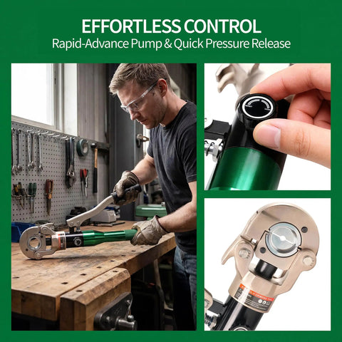 Pro-Grade Hydraulic Cable Crimper 80KN for Copper YA YS Lugs, Heavy-Duty Powerhouse for Grounding Grid and Residential Wiring, Delivers Permanent, Low-Resistance, Vibration-Free Joints, Quick, Clean Crimps. Man using hydraulic cable crimper in workshop.