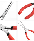 6 Inch Needle Nose Pliers With Extra Long Tapering Non Serrated Jaws For Jewelry Making shown with red handles and tapered jaws.