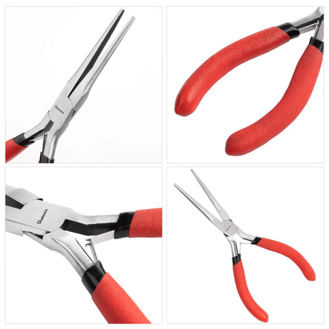 6 Inch Needle Nose Pliers With Extra Long Tapering Non Serrated Jaws For Jewelry Making shown with red handles and tapered jaws.