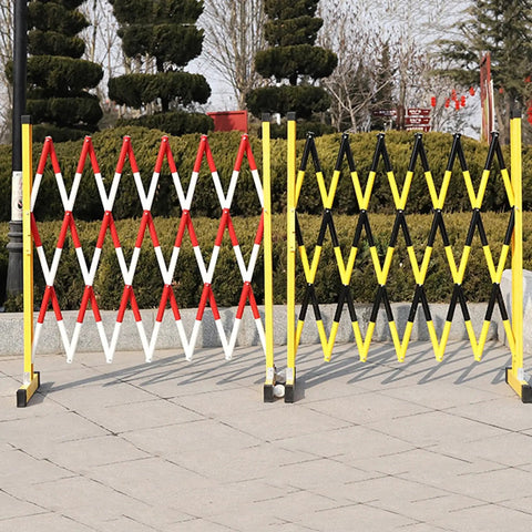 Expandable Retractable Traffic Fence Heavy Duty Safety Barrier For Construction Sites Crowd Control And Transit Hubs Industrial Black Collapsible Gate illustrated in red, white, and yellow colors.
