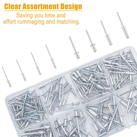 All In One Aluminum Rivet Kit With 190 Pieces In 8 Sizes, Blind Rivets For Metal, Organized Storage Box displayed on white background