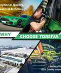 Collage highlighting Torsiva's car detailing, technology, and factory with text about quality and advancement.