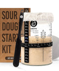 34 Oz Sourdough Starter Jar Kit With Metal Lid Silicone Spatula Feeding Tracker Extra Thermometer Strips And Breathable Covers For Sourdough Bread For Home Bakers shown with jar, spatula, and packaging.