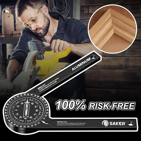 7-Inch Aluminum Miter Saw Protractor With Laser Inside And Outside Readouts used by carpenter for precise angle finding