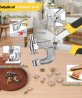 2-In-1 Leather Rivet and Magnetic Snap Fastener Kit With Pliers, showing pliers, rivets, and snap buttons on a table