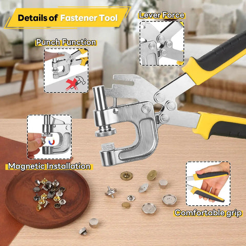 2-In-1 Leather Rivet and Magnetic Snap Fastener Kit With Pliers, showing pliers, rivets, and snap buttons on a table