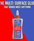 Bottle of multi-surface glue for wood, tile, ceramic, glass, pottery and crafts on red and blue background.