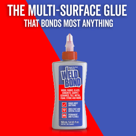 Bottle of multi-surface glue for wood, tile, ceramic, glass, pottery and crafts on red and blue background.