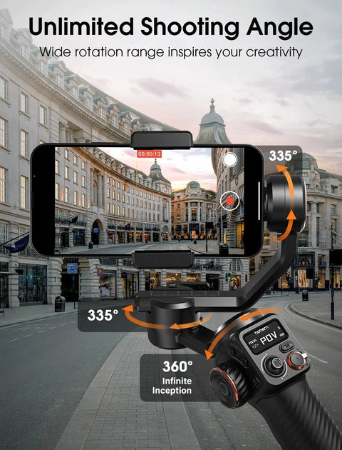 iSteady M6 Gimbal Stabilizer for Smartphone showcasing 360 degree rotation and OLED display, capturing city street scene