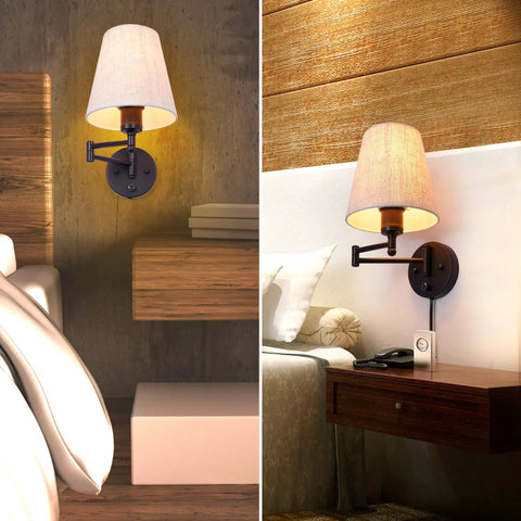 7 Inch Plug In Wall Sconce With Dimmable Stepless Brightness Fabric Linen Shade in bedroom and reading room setting.