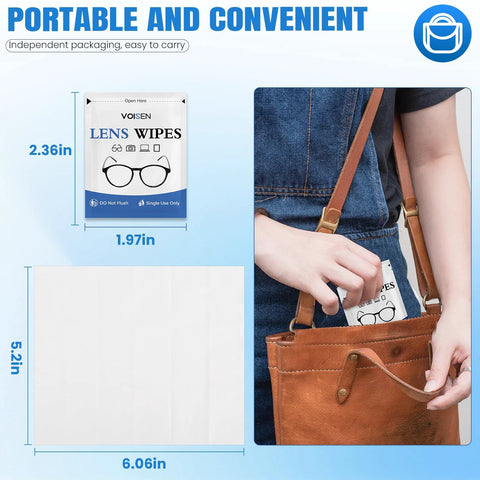 VOISEN Lens Wipes front packaging; 250-count, pre-moistened eyeglass wipes; shown being placed into a brown bag.