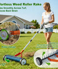 Woman using Wheeled Dethatching Rake For Lawn, 15 Inch Heavy Duty Stainless Steel Thatch Rake With Adjustable Long Handle 35 To 67 Inches