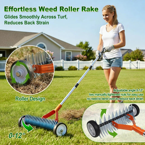Woman using Wheeled Dethatching Rake For Lawn, 15 Inch Heavy Duty Stainless Steel Thatch Rake With Adjustable Long Handle 35 To 67 Inches