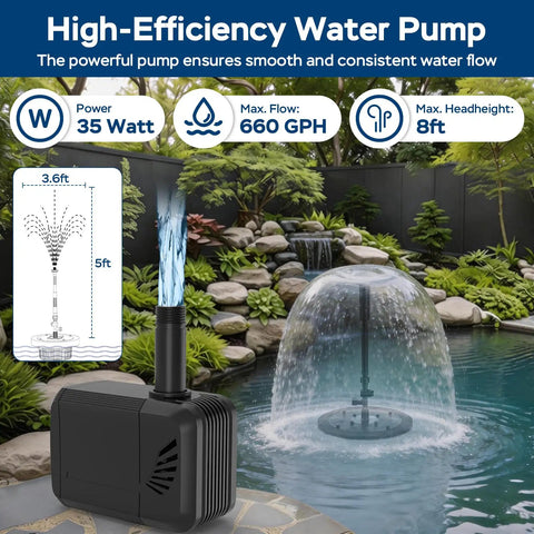 Floating Pond Fountain Pump With Lights Remote Control RGB LED 660 GPH Aerator in garden pond with spray pattern