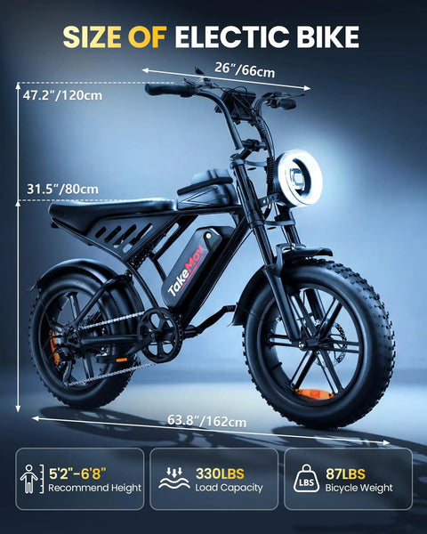 All Terrain Fat Tire Electric Bike For Adults With 1500W Peak Power Up To 33 MPH, 60 Mile Range, shown with size specifications