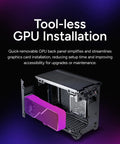 Open NR200P V3 Mini ITX Case Dope Compact Build With Top Mount 280mm Radiator showcasing tool-less GPU installation.