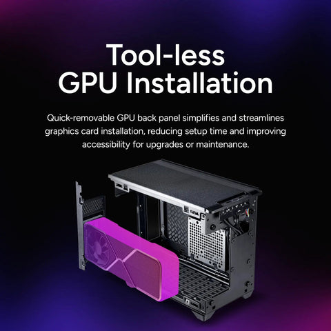Open NR200P V3 Mini ITX Case Dope Compact Build With Top Mount 280mm Radiator showcasing tool-less GPU installation.