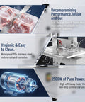 Heavy Duty 2500W Electric Meat Band Saw Commercial Bone Cutting Heavy Hitter With Adjustable Stainless Steel Tabletop showing high-carbon blade and motor