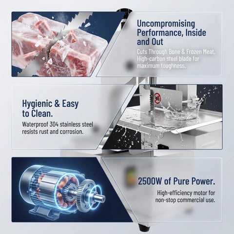 Heavy Duty 2500W Electric Meat Band Saw Commercial Bone Cutting Heavy Hitter With Adjustable Stainless Steel Tabletop showing high-carbon blade and motor