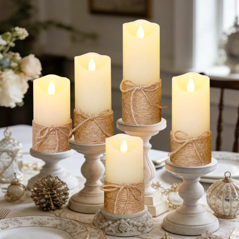 Flickering Flameless Candles Set Of 5 Battery Pillar Candles With Timer, hemp rope wrapped wax lights on table.