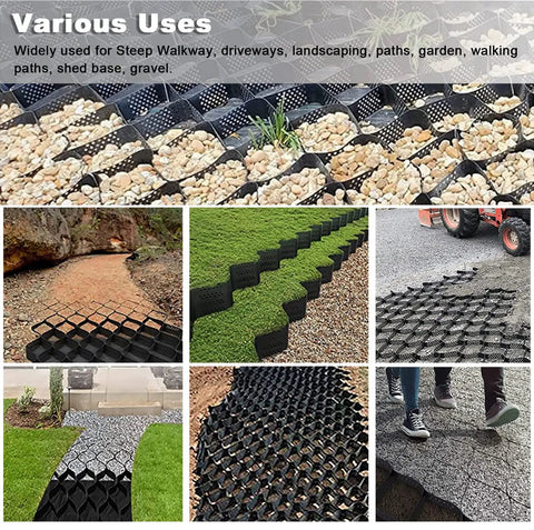 Heavy-Duty Gravel Grid Paving Stabilizer 2m By 8m For Driveways And Gardens, shown in various installation uses