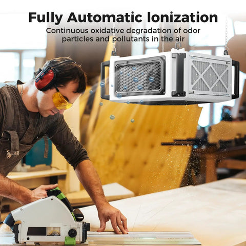 Top Shelf Two Stage Air Purifier With Savage 780 Cfm Vortex Fan And Built In Ionizer Tough As Nails Workshop Dust Collector demonstrating automatic ionization.